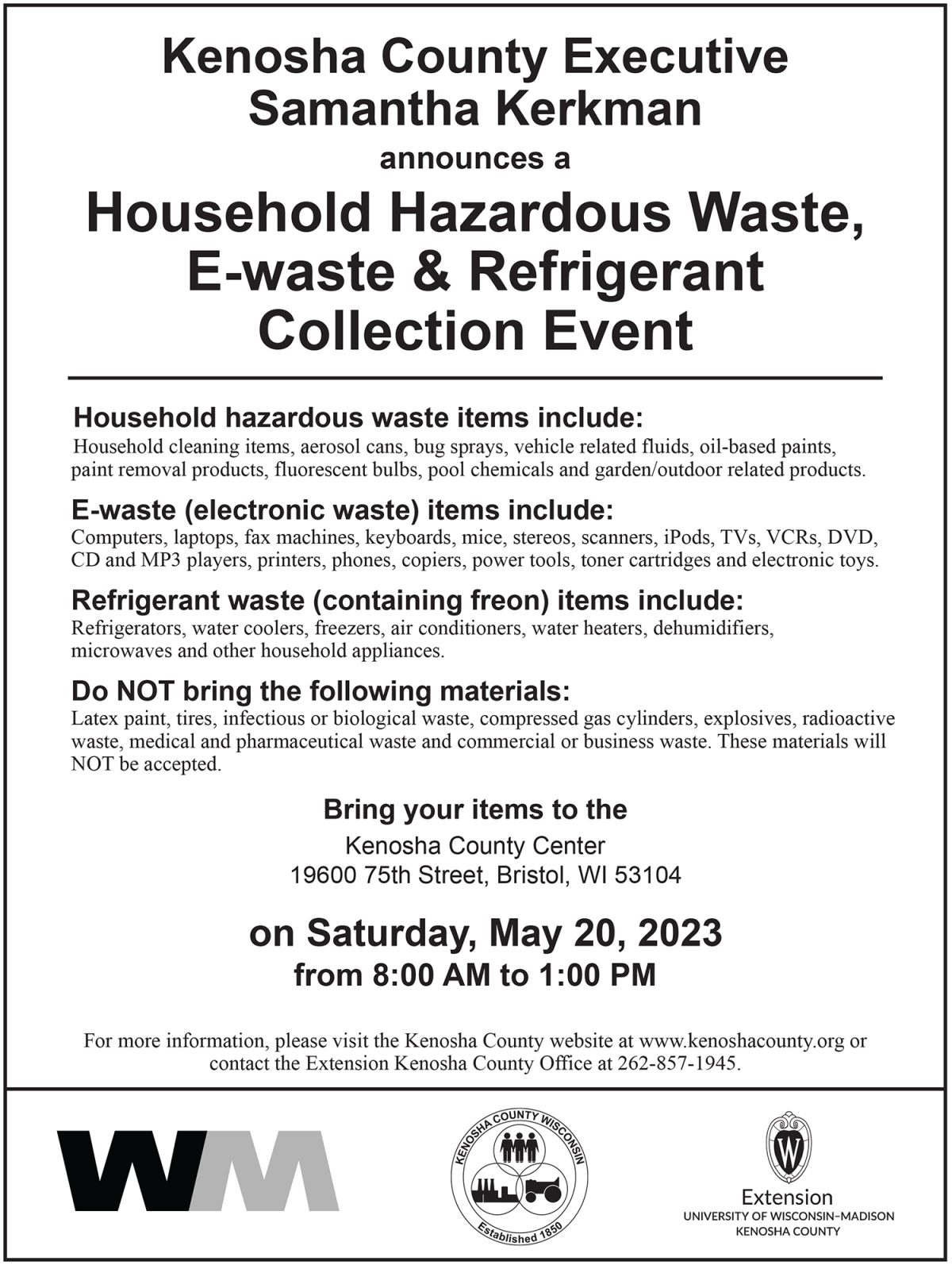 County hazardous waste collection announced Village & Town of Somers, WI