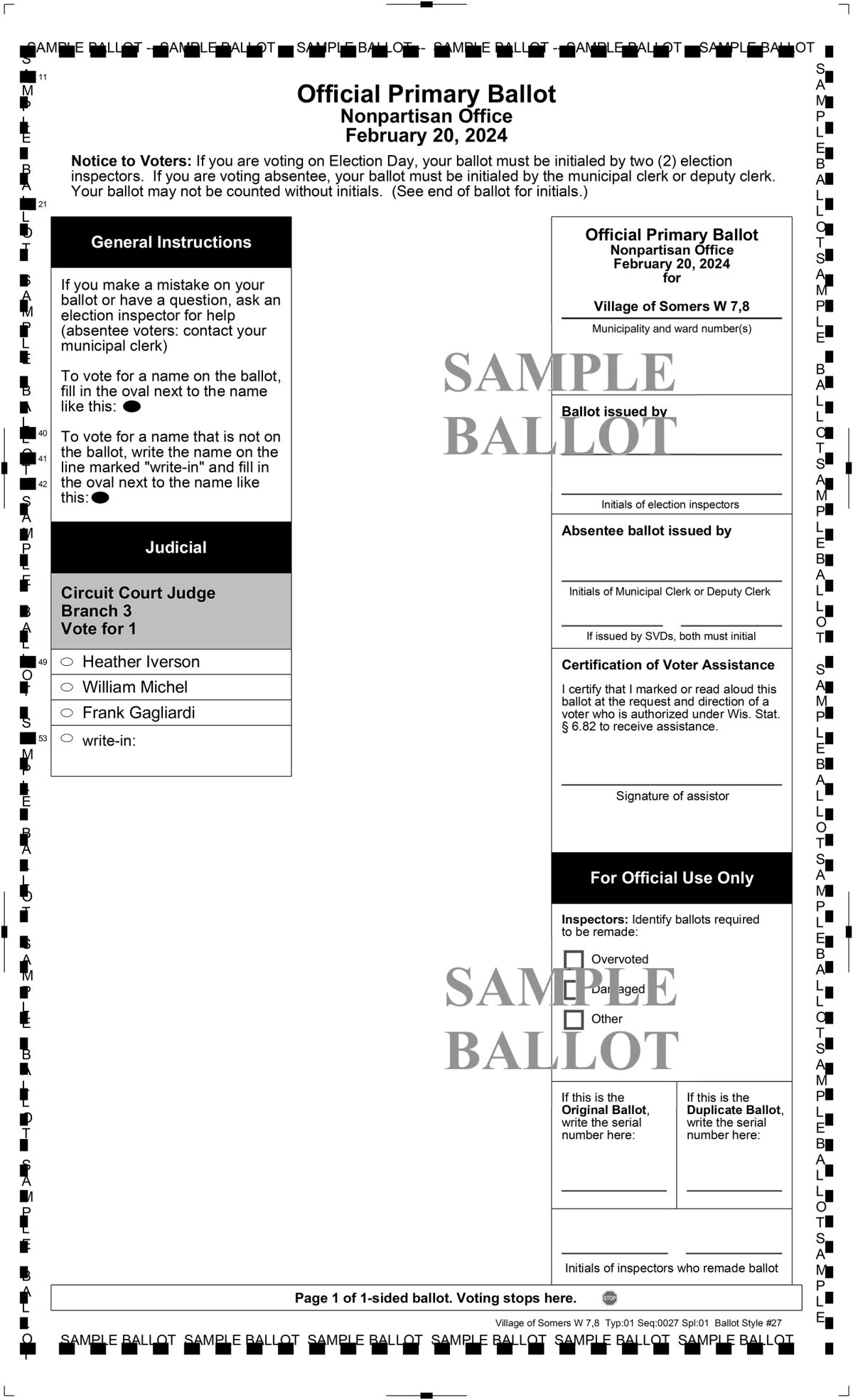 Election sample ballots Village & Town of Somers, WI